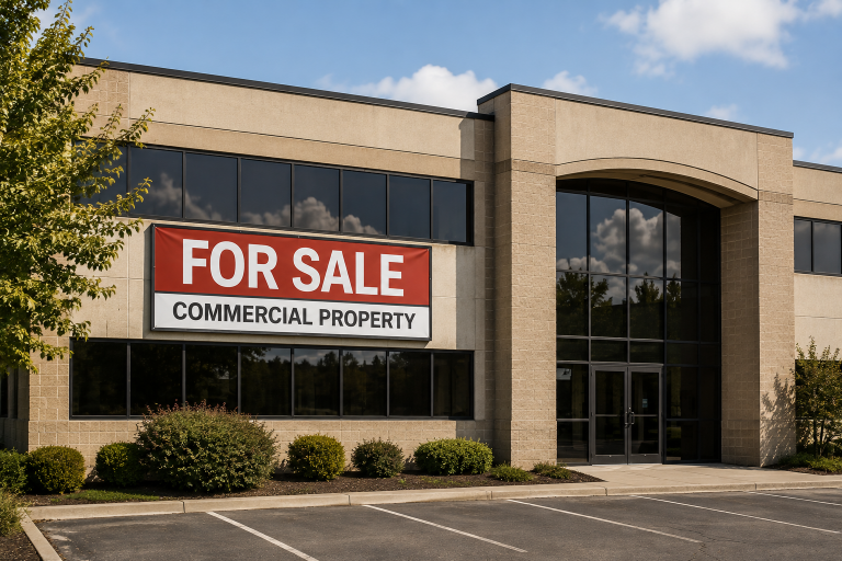 Large commercial property with a for sale sign displayed prominently.