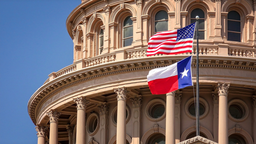Texas and American flags flying in front of the Texas Capitol building dome.